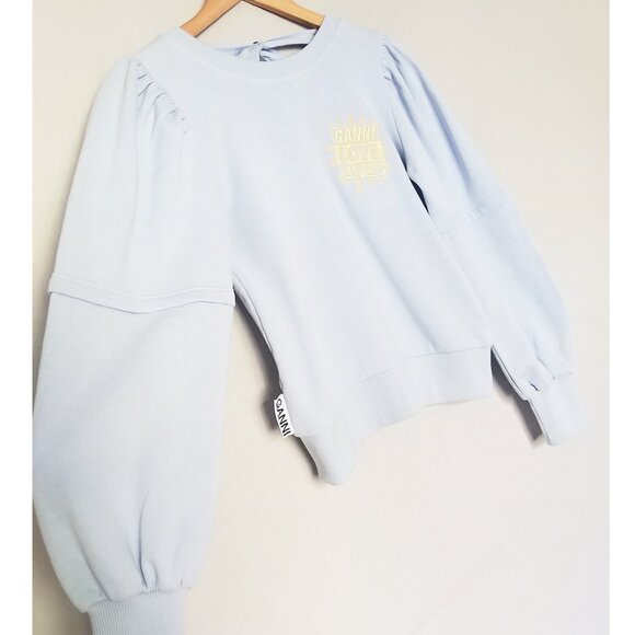 Ganni Isoli Bow Open Back Puff Sleeve Organic Cotton Sweatshirt XS Blue $215 - Picture 16 of 16